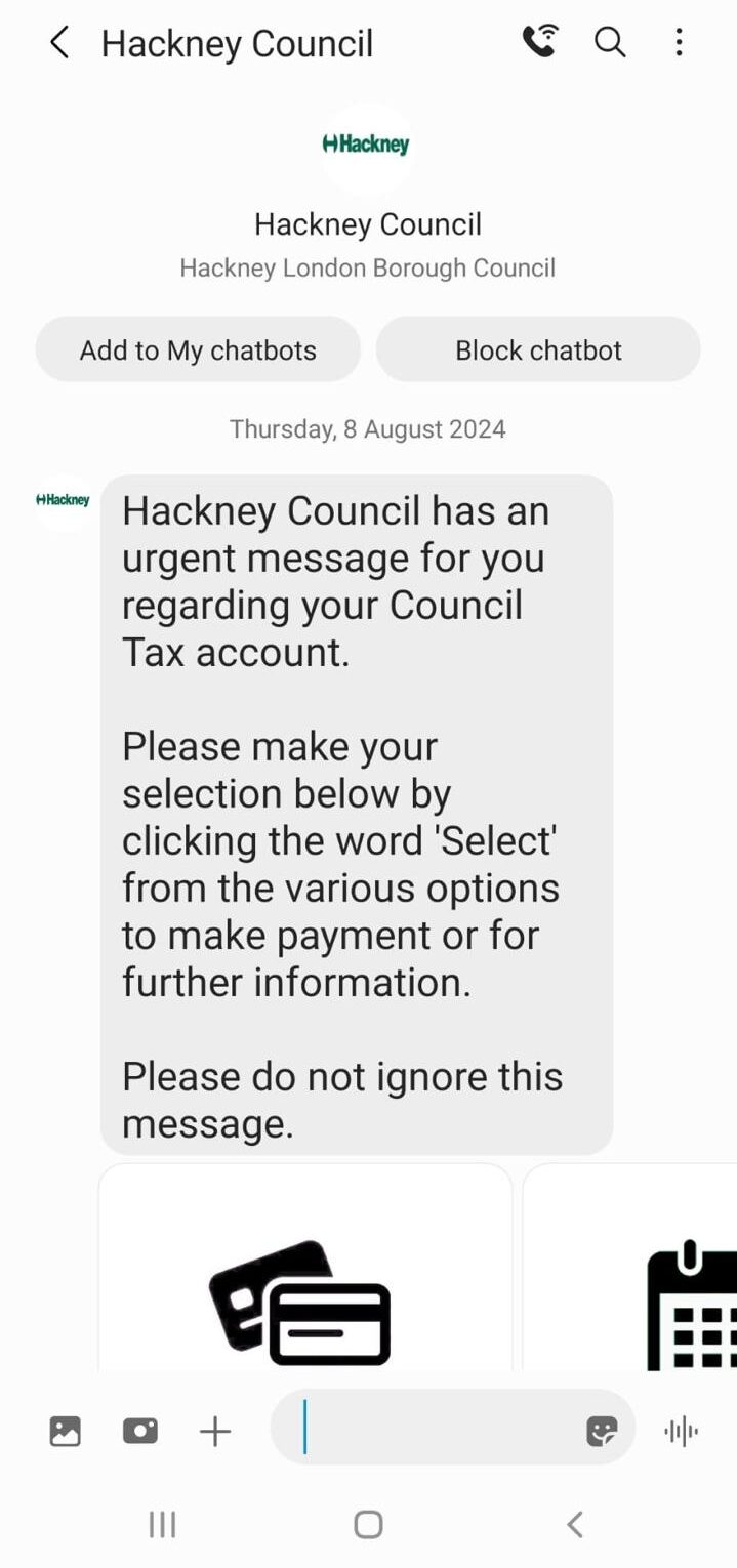 Example of a text message you will receive from Hackney Council about your Council Tax on an Android phone