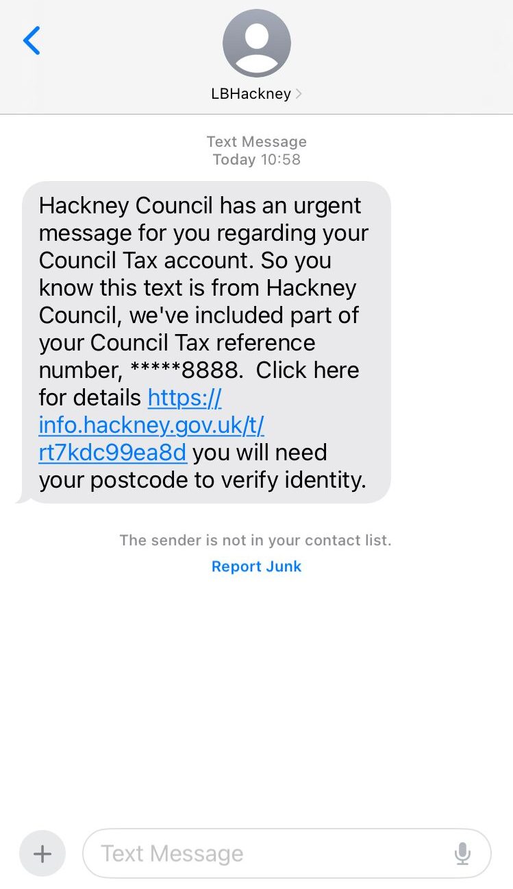 Example of a text message you will receive from Hackney Council about your Council Tax on an Apple iPhone